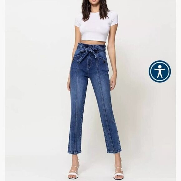 vervet Denim - Vervet Plastic Love Stretch Mom Jeans Belted Waistband Seamed Blue Denim Size 25